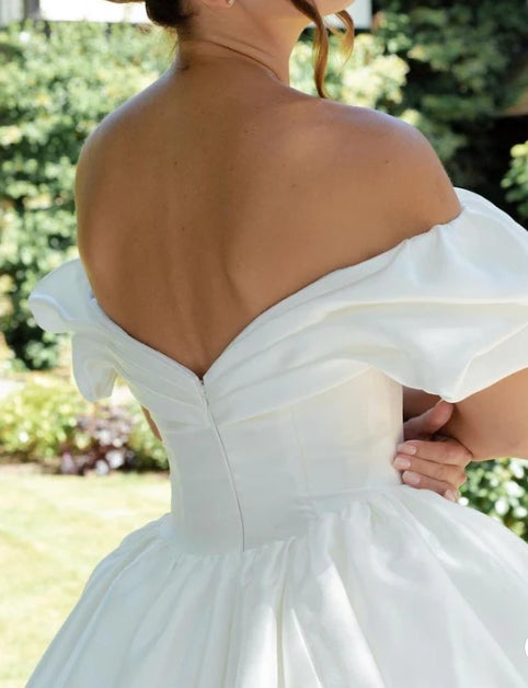 White Puff Off-the-Shoulder V Neck Sweeping Long Wedding Dress