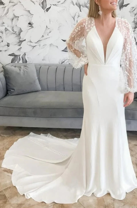 Ivory  V Mermaid Long Wedding Dress with Balloon Sleeves