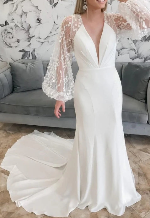 Ivory  V Mermaid Long Wedding Dress with Balloon Sleeves