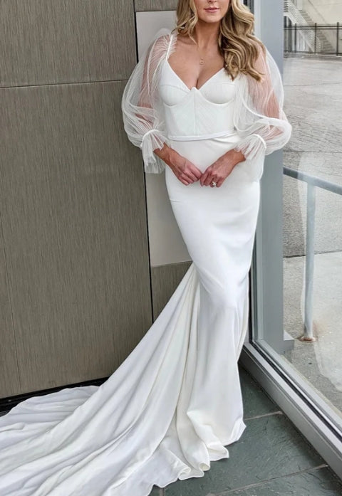 White Illusion Bell Sleeves V Neck Mermaid Long Wedding Dress