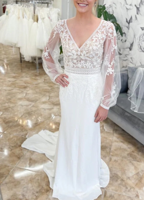 White Mermaid Deep V Neck Illusion Sleeves Appliques Long Wedding Dress