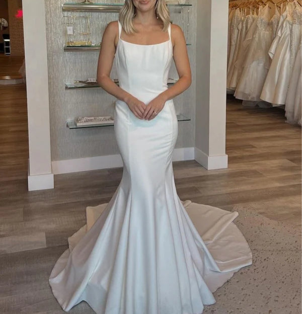 Mermaid Scoop Neck Backless Satin Wedding Dresses