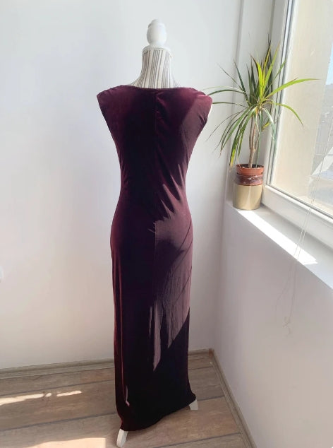 Vintage Prom Dress Velvet Maxi Dress Size Burgundy Slip Prom Dress