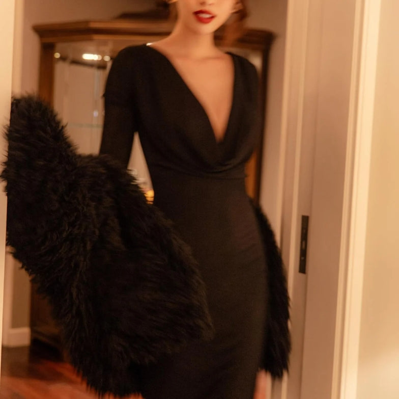 Black Bridesmaid Velvet Prom Dress High Quality Fabric Dress Maxi Gown Dress Deep V Neck Open Back Long Sleeves