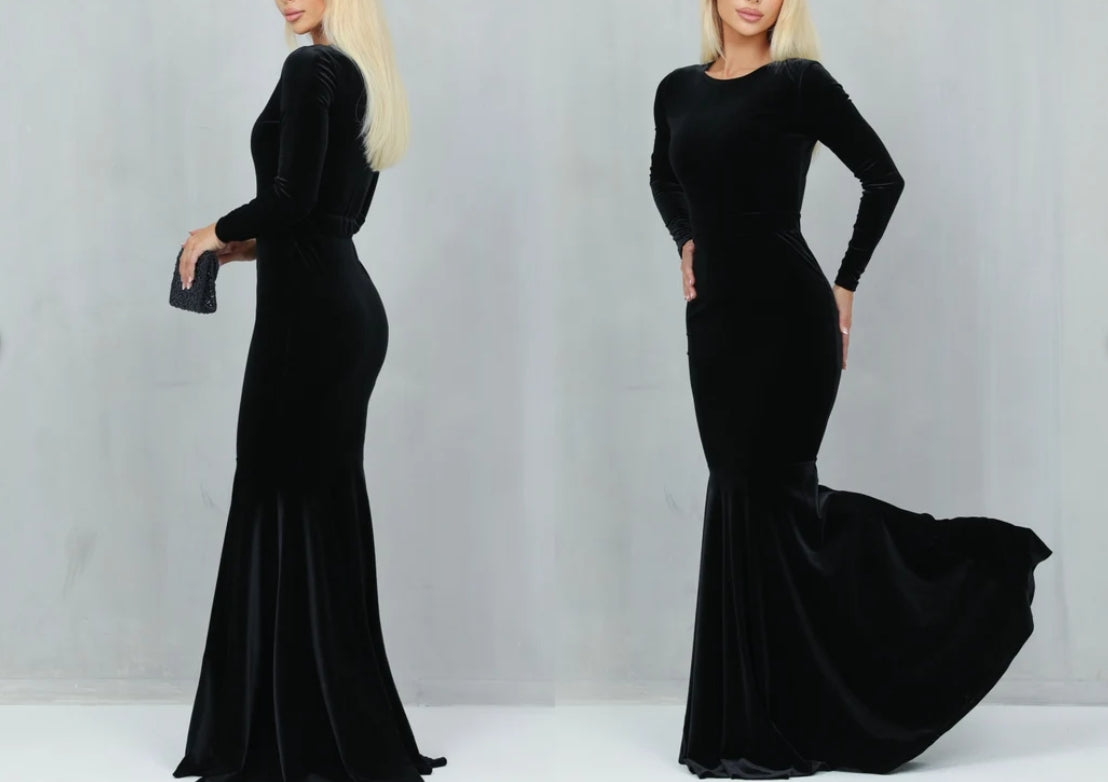 Black Dress Velvet Dress Long Sleeve Dress Bridesmaid Dress Black Wedding Dress Prom Dress Evening dress