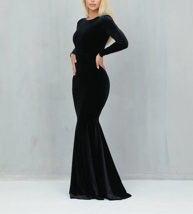 Black Dress Velvet Dress Long Sleeve Dress Bridesmaid Dress Black Wedding Dress Prom Dress Evening dress