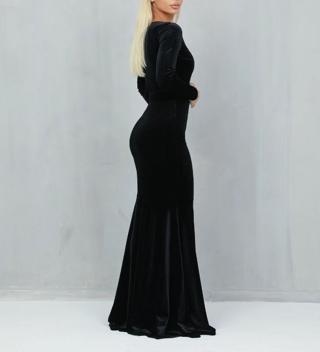 Black Dress Velvet Dress Long Sleeve Dress Bridesmaid Dress Black Wedding Dress Prom Dress Evening dress