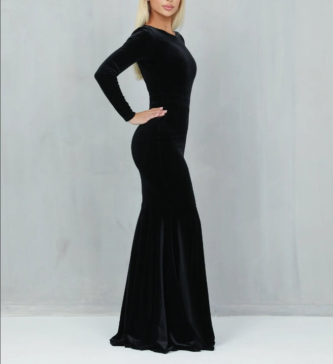 Black Dress Velvet Dress Long Sleeve Dress Bridesmaid Dress Black Wedding Dress Prom Dress Evening dress