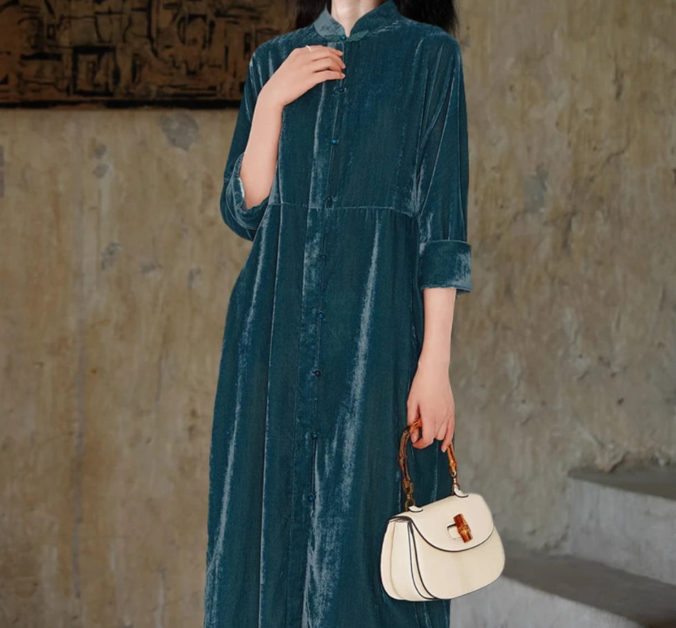 Soft Velvet Zen Dress Women Long Prom Dress Winter Warm Dress Long Sleeve Dress Oversized Swing Dress