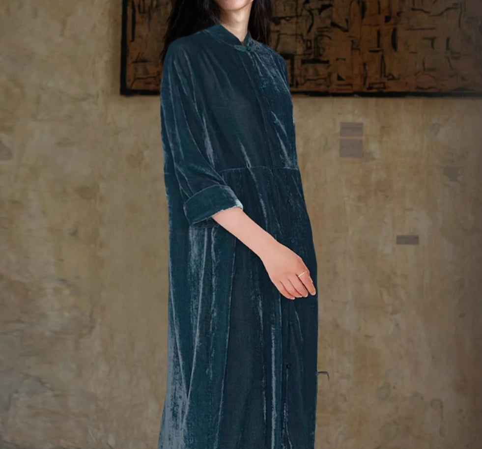 Soft Velvet Zen Dress Women Long Prom Dress Winter Warm Dress Long Sleeve Dress Oversized Swing Dress