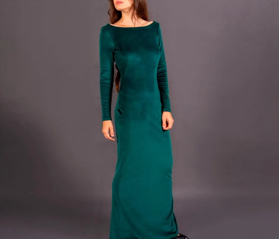 Green Velvet Dress Medieval women's dress Ethno boho dress long sleeve dress long velour Prom dress Party Dress