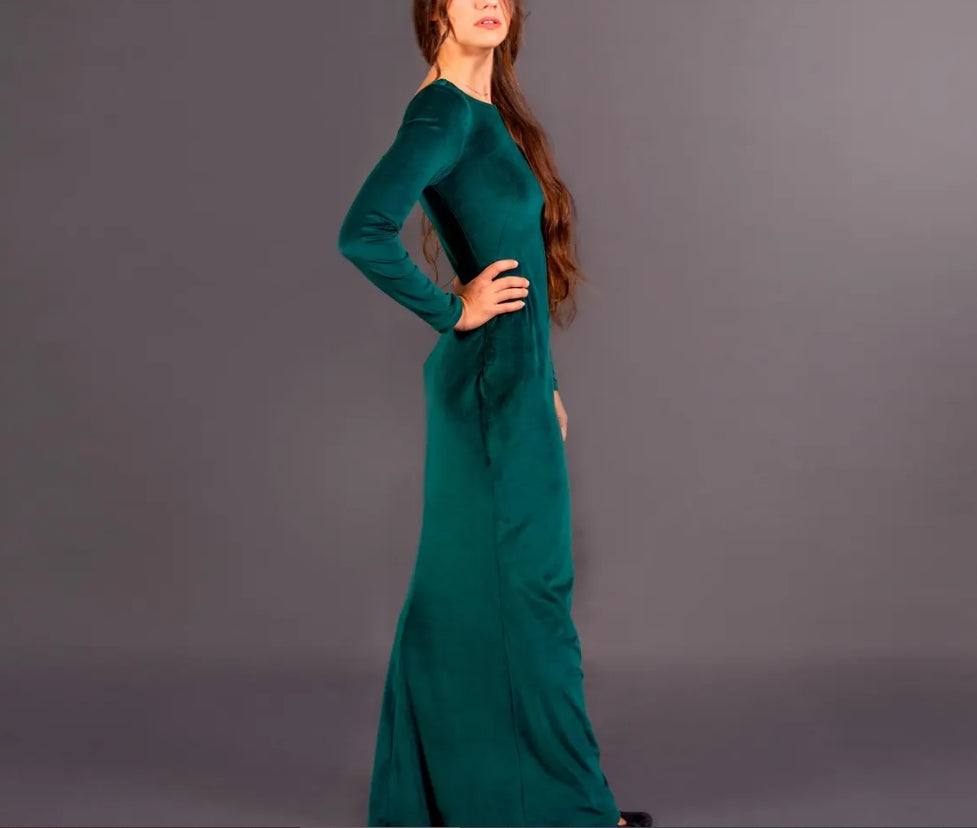 Green Velvet Dress Medieval women's dress Ethno boho dress long sleeve dress long velour Prom dress Party Dress