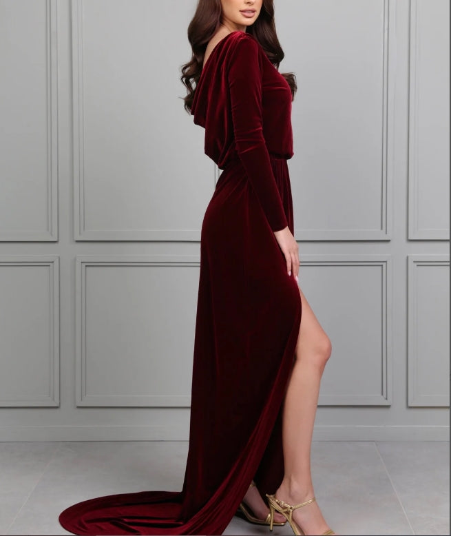 Dark Burgundy Bridesmaid Velvet Dress High Quality Fabric Dress Mermaid Gown Dress Maxi Cowl Back Train Dress