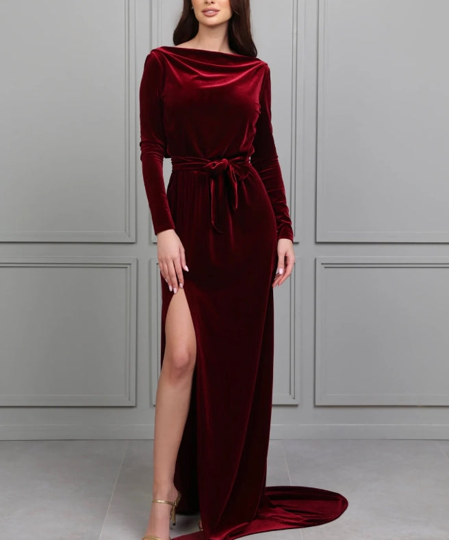 Dark Burgundy Bridesmaid Velvet Dress High Quality Fabric Dress Mermaid Gown Dress Maxi Cowl Back Train Dress