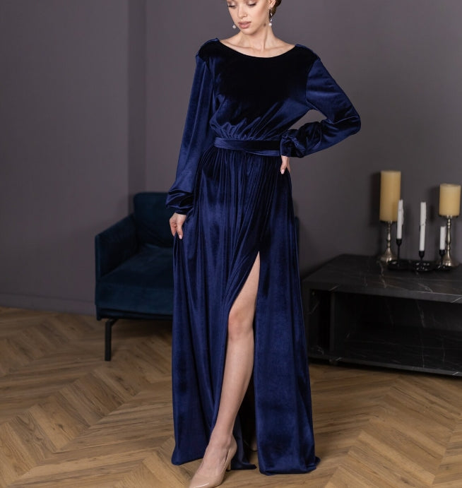 Velvet Navy Blue Prom Dress for Wedding Guest Boat Neck Maxi Dress  Handmade to Order Dress