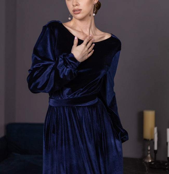 Velvet Navy Blue Prom Dress for Wedding Guest Boat Neck Maxi Dress  Handmade to Order Dress