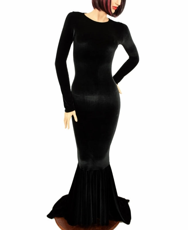 Bewitching Long Black Velvet Gown with Crew Neckline Long Sleeves and Puddle Train