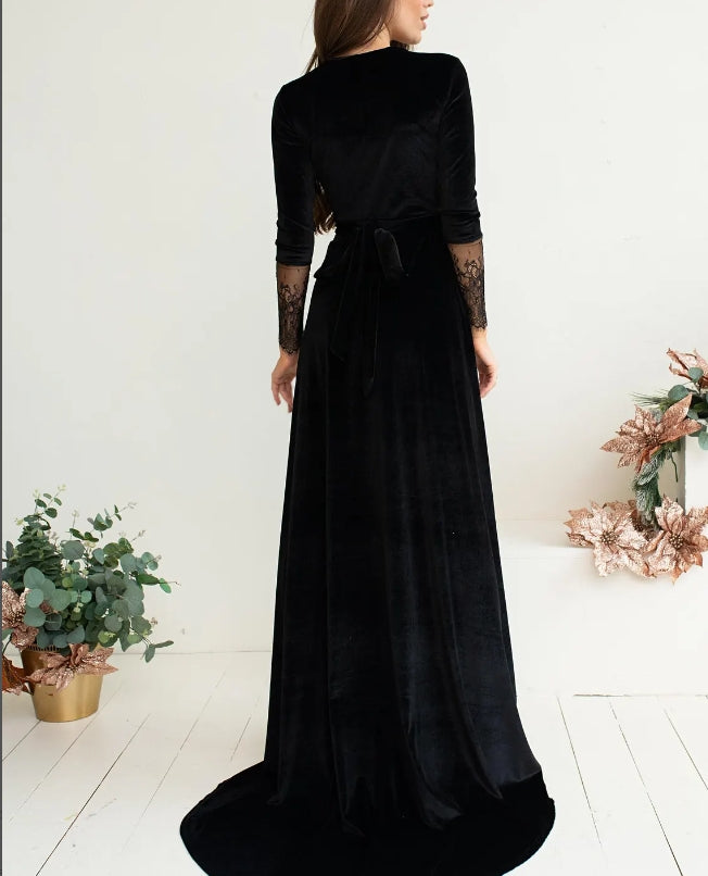 Black Velvet Dress V Neck Wrap Dress A-line Dress Maxi Dress with Long Lace Sleeves Prom Long Train Dress
