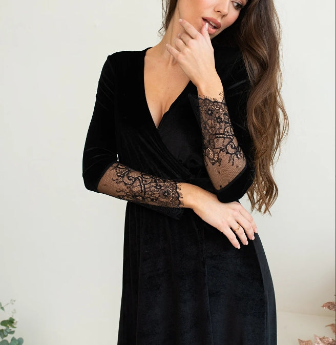 Black Velvet Dress V Neck Wrap Dress A-line Dress Maxi Dress with Long Lace Sleeves Prom Long Train Dress