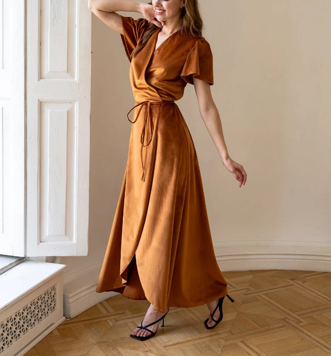 Rust velvet dress Prom dresses velvet Rust copper dress Modest wrap dress Evening dress