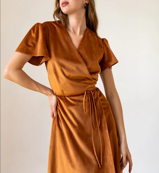 Rust velvet dress Prom dresses velvet Rust copper dress Modest wrap dress Evening dress