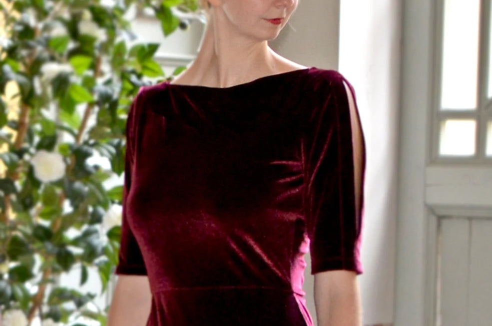 Handmade Womens Red Velvet Prom Cocktail Dress with Split Sleeves