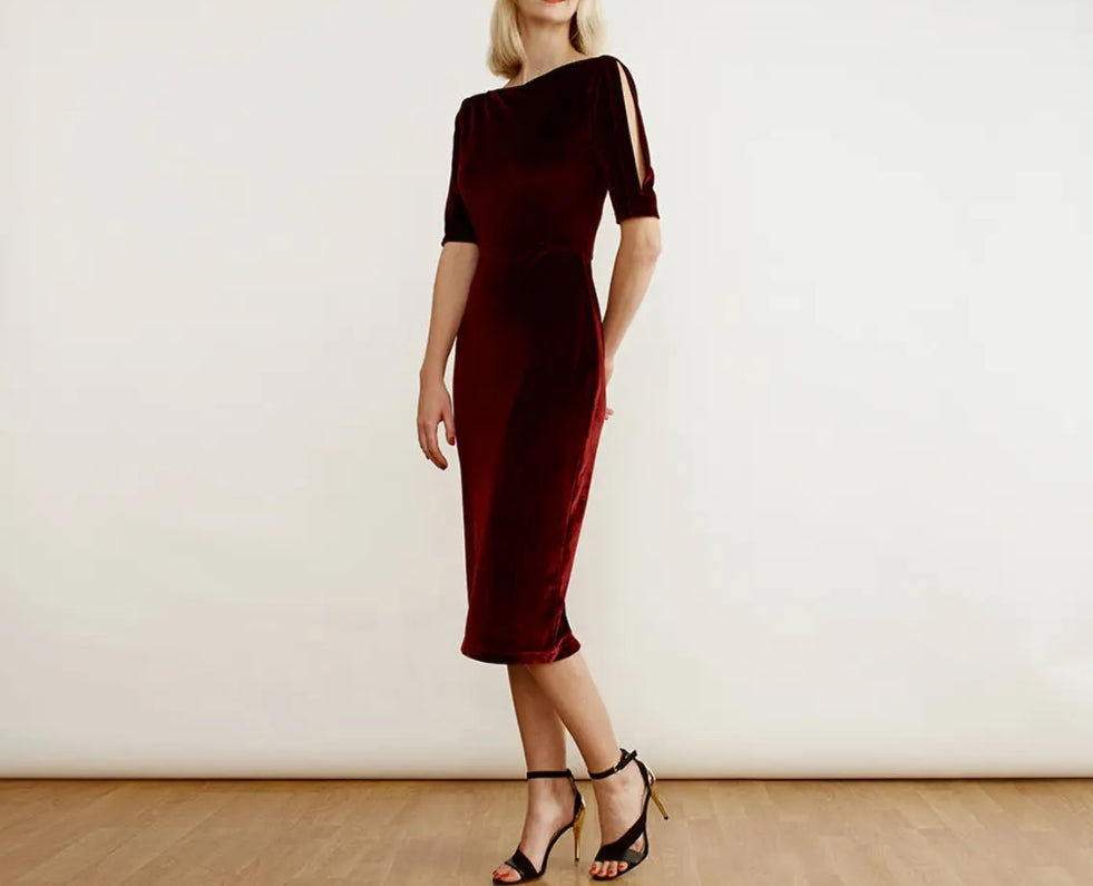 Handmade Womens Red Velvet Prom Cocktail Dress with Split Sleeves