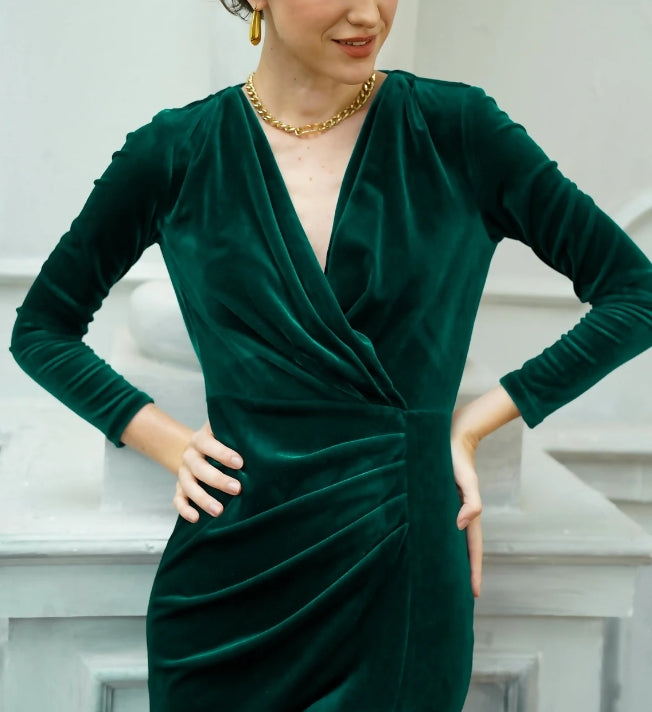 Green Velvet Slip Dress Wedding Guest Dress Winter  Velvet Dresses For Women  Deep V-neck Evening Gown