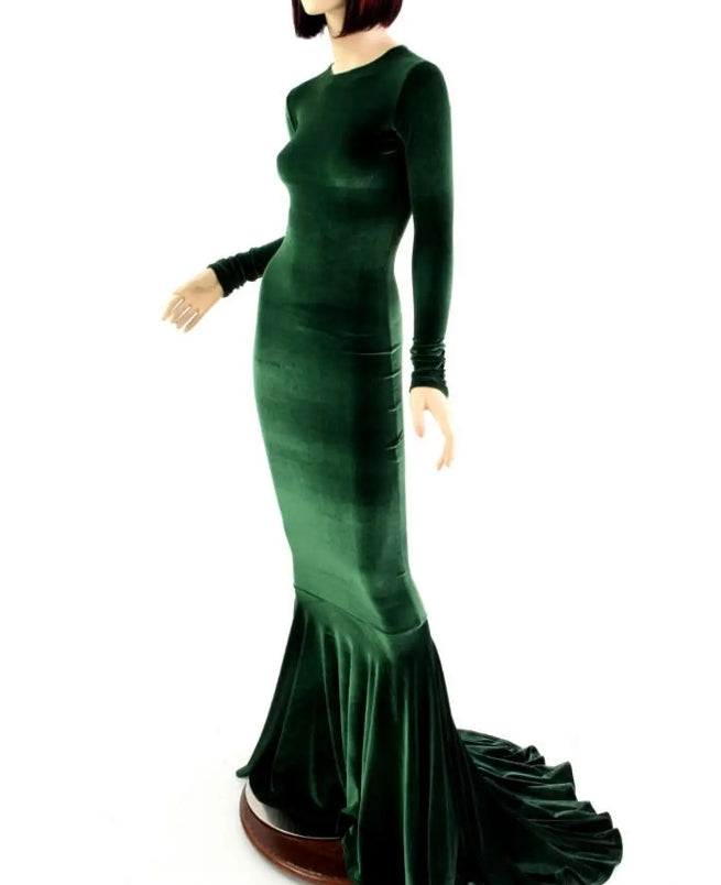 Bewitching Long Forest Green Velvet Gown with Crew Neckline Long Sleeves and Puddle Train