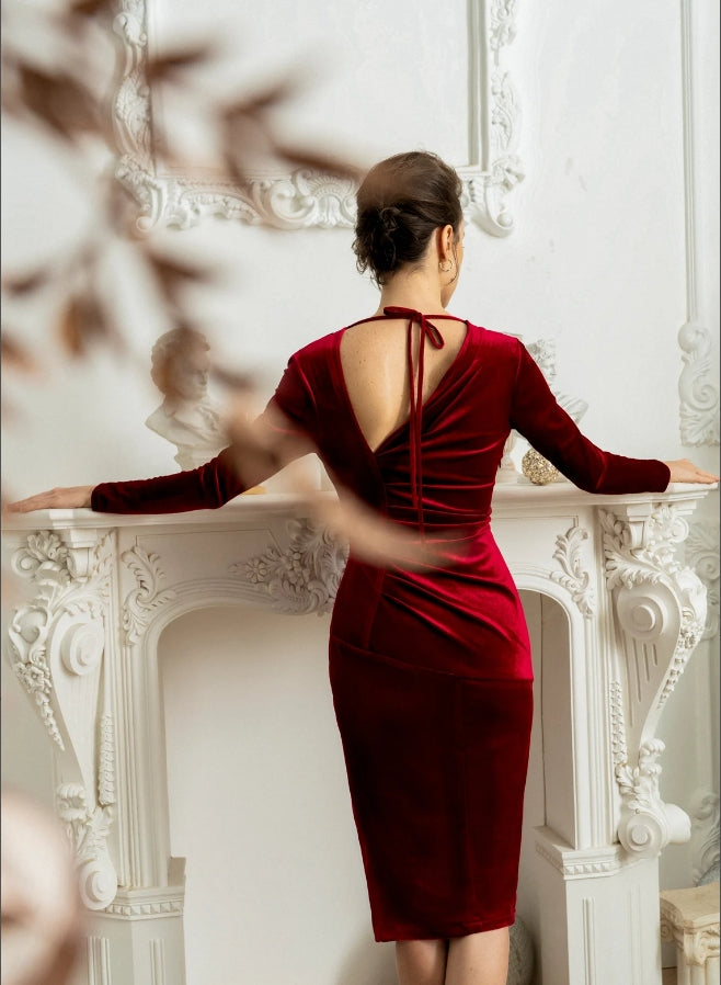 Velvet Split Bodycon Dress Long Sleeve Prom Dress Christmas Cocktail Dress Red Bridesmaid Dress