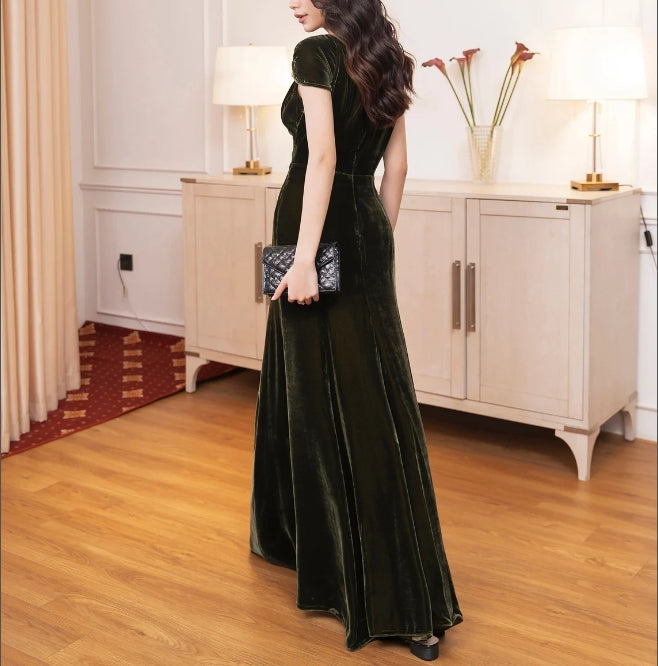 Mulberry Silk Velvet Dress Luxurious Silk Velvet Twist Shoulder Long Dress Maxi Dress