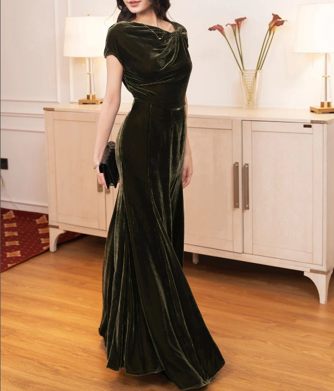 Mulberry Silk Velvet Dress Luxurious Silk Velvet Twist Shoulder Long Dress Maxi Dress