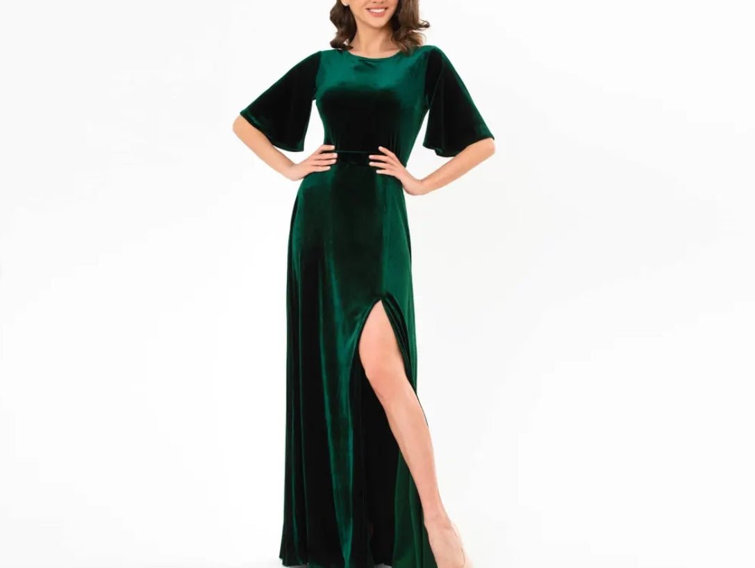 Emerald green velvet long slit dress prom velvet dress