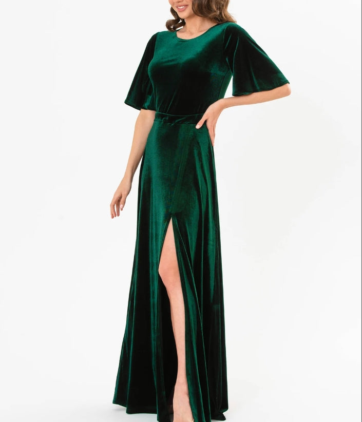 Emerald green velvet long slit dress prom velvet dress