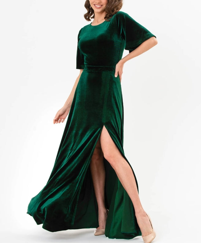 Emerald green velvet long slit dress prom velvet dress
