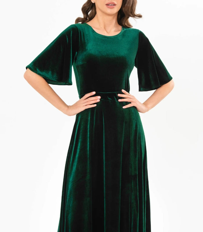 Emerald green velvet long slit dress prom velvet dress