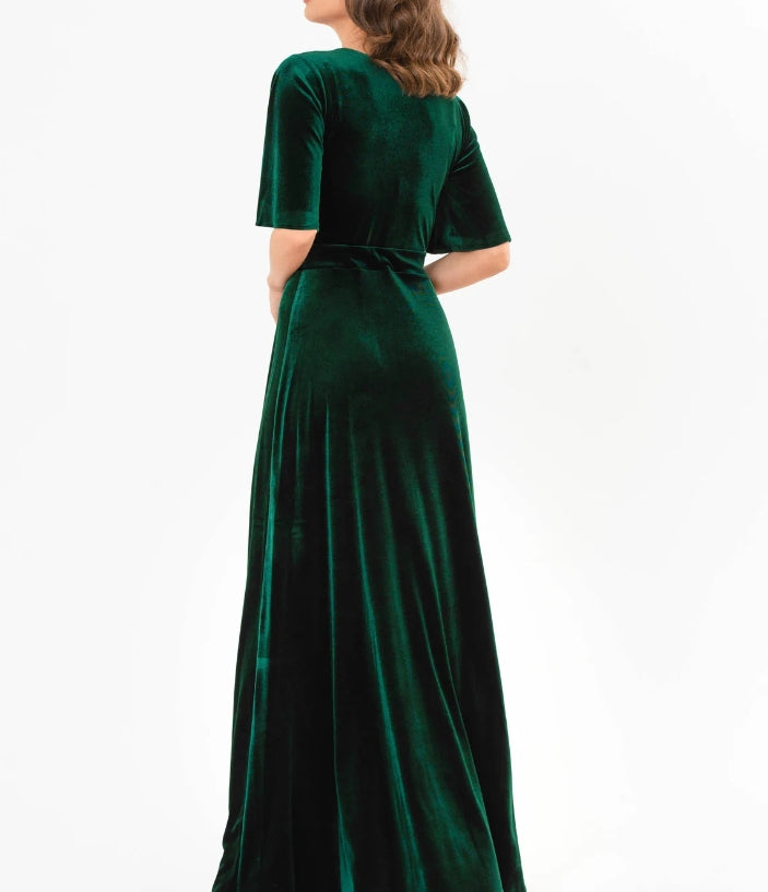 Emerald green velvet long slit dress prom velvet dress