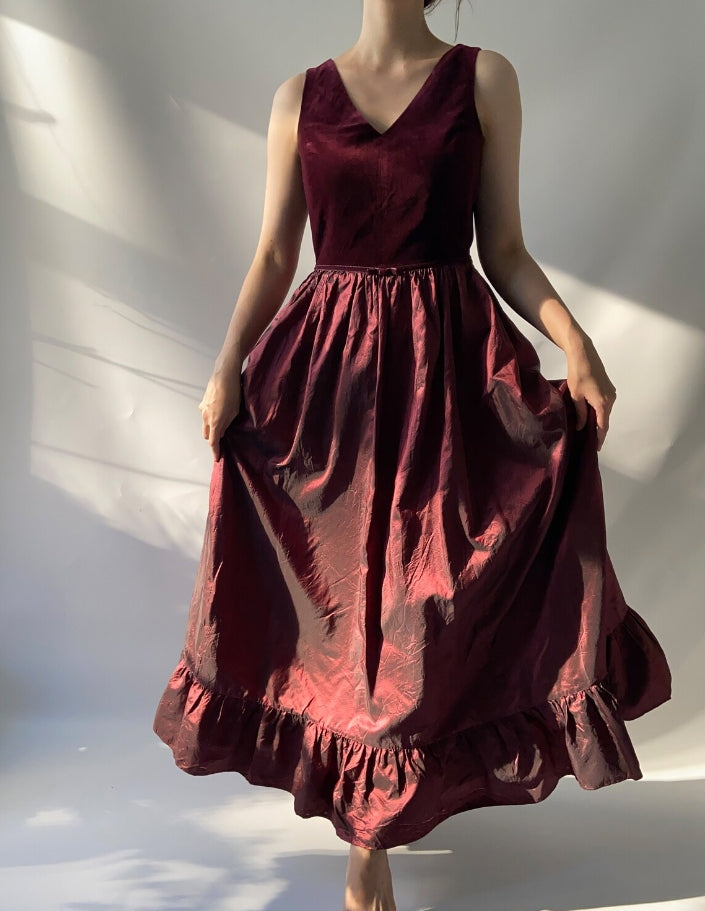 Great Bordeaux Laura Ashley wine red vintage dress silk velvet velour gown sundress summer prom