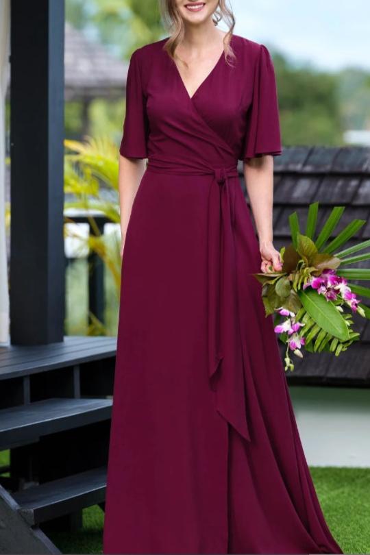 Burgundy romantic wrap dress prom dress maxi dress long dress wedding guest dress formal dress evening summer dress