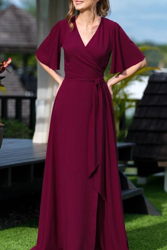 Burgundy romantic wrap dress prom dress maxi dress long dress wedding guest dress formal dress evening summer dress