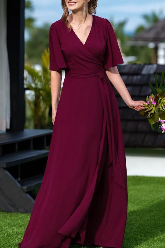 Burgundy romantic wrap dress prom dress maxi dress long dress wedding guest dress formal dress evening summer dress