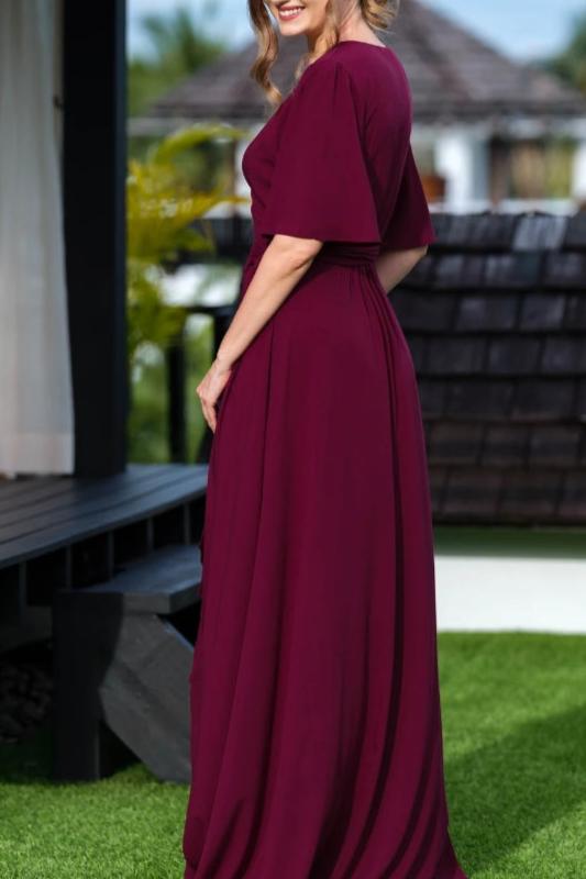 Burgundy romantic wrap dress prom dress maxi dress long dress wedding guest dress formal dress evening summer dress