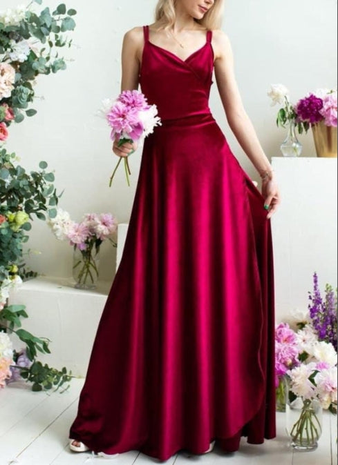 Burgundy Sleeveless Backless Velvet Wrap Dress Spaghetti Straps Gala Prom Gown Simple Graduation Dress