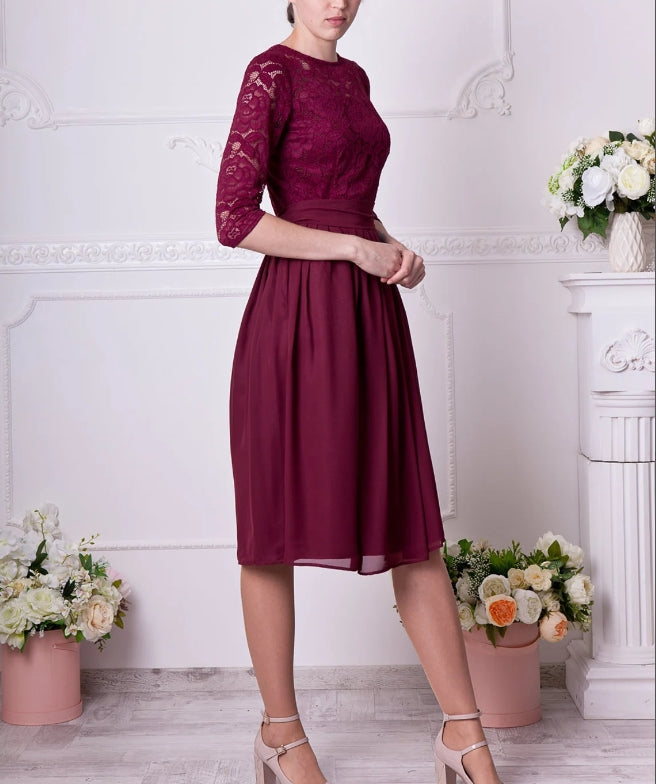 Short burgundy dress with sleeves Prom lace dress knee length Burgundy cocktail dress