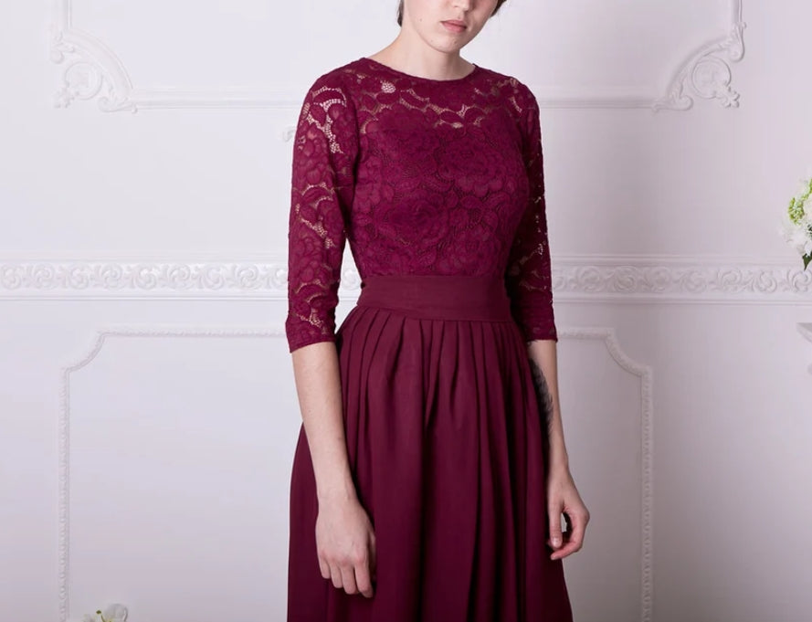 Short burgundy dress with sleeves Prom lace dress knee length Burgundy cocktail dress