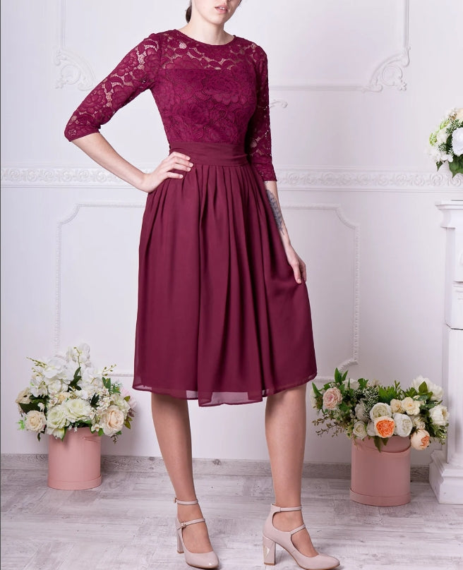 Short burgundy dress with sleeves Prom lace dress knee length Burgundy cocktail dress