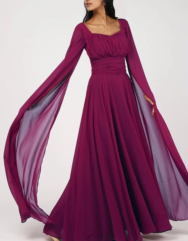 Burgundy Long Sleeves Dress Cape Sleeves Dress Prom Dress Chiffon Gown Long Dress Custom Flowy Dress Extra Flared Maxi Gown