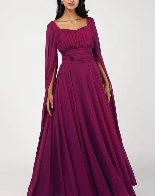 Burgundy Long Sleeves Dress Cape Sleeves Dress Prom Dress Chiffon Gown Long Dress Custom Flowy Dress Extra Flared Maxi Gown