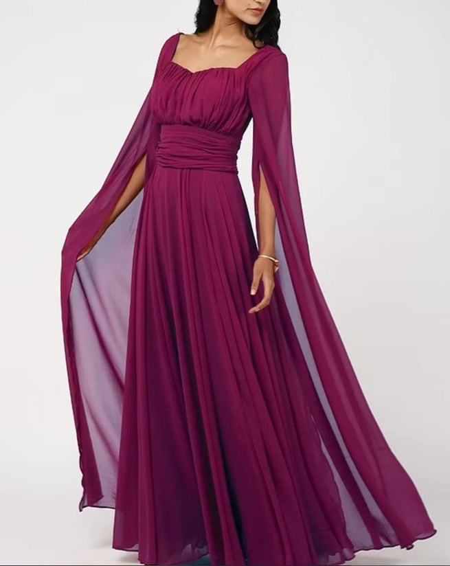 Burgundy Long Sleeves Dress Cape Sleeves Dress Prom Dress Chiffon Gown Long Dress Custom Flowy Dress Extra Flared Maxi Gown