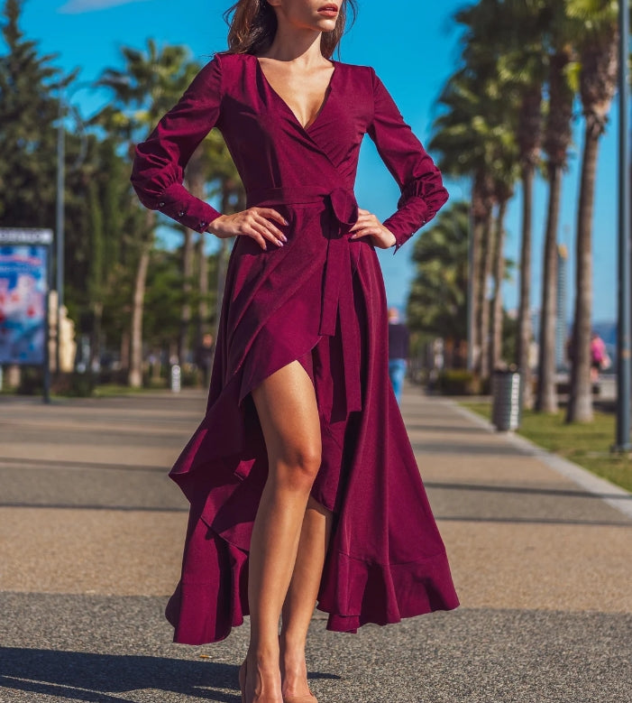 Burgundy long wrap around dress Prom dress cocktail dress wedding guest dress maxi dress formal dress
